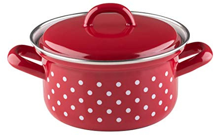 Riess, 0126-077, Kasserolle mit Deckel Ø 12cm, PÜNKTCHEN ROT, Emaille, Vol. (rec.): 0,5 Liter, Made in Österreich, LBH: 18,4x13,8x10,5cm, 0,560kg, Induktionskocher kompatibel, Gasherd geeignet