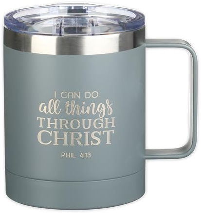 Mug gris en acier inoxydable avec inscription « All Things Through Christ » et Philippiens 4:13 – Tasse de voyage style camping, tasse chrétienne pour homme ou femme (325 ml double paroi isotherme