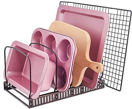 Toplife Bakeware Organiser Rack for Kitchen Cupboard or Pantry, with 10 Adjustable Compartments, Brown