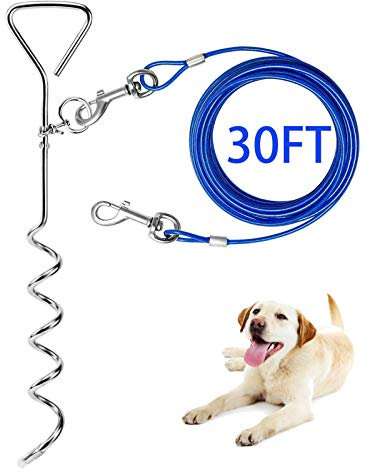 Dog Tie Out Cable and Anti Rust Spiral Stake , 30ft Outside Leash&Chain for Camping and Yard, 16'' Heavy Duty for Medium-Large Dogs Up to 125 lbs (30FT, Blue)