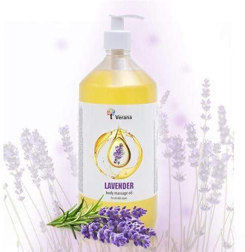 Huile de massage Verana, Lavande, Huile cosmétique naturelle pour le corps, Pour tous types de peau, Massage nourrissant, Aromathérapie, Peau anti-âge, Anti cellulite, Antiseptique (1 litre)