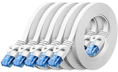 deleyCON 5x 0,5m CAT6 Câble Réseau Plat 1000 Mbit Gigabit LAN - Cat 6 RJ45 Ethernet Câble Patch Mince Plat - pour Internet Switch Routeur Modem Panneau Patch - Blanc