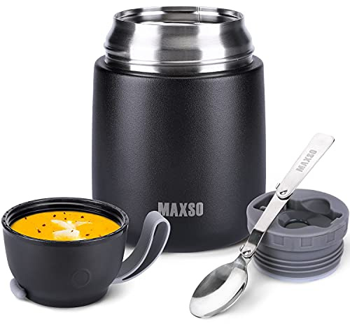 MAXSO Soup Thermo for Hot & Cold Food for Adults Kids, 17 oz Vacuum Insulated Steel Lunch Container Bento Box with Spoon, Leakproof Thermal Food Jar for School Office Travel - Black
