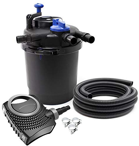 SunSun Komplettset: CPF-2500 Teichdruckfilter bis 6000 L mit 11 Watt UV-C Teichklärer, NEO6000 SuperEco Teichpumpe 6000l/h 40W, 5m Teichschlauch 32 mm (1 1/4), Schlauchschellen W1 44-47mm