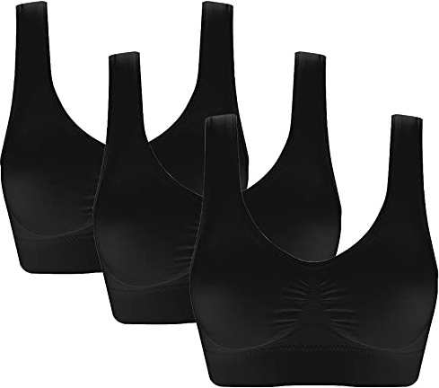 Jamron Dam 3 Pack Sömlös Trådlös Komfort Vardagliga Bralettes Sport Yoga Sömn BH med Avtagbara Kuddar Svart + Svart + Svart XXL