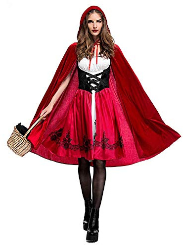 Little Red Riding Hood Costume Women Adult Fairy Tale Fancy Dress Up Princess Outfit - 2PCS Dress+Red Cape for Halloween Christmas Carnival Cosplay Stage Performance Gown S