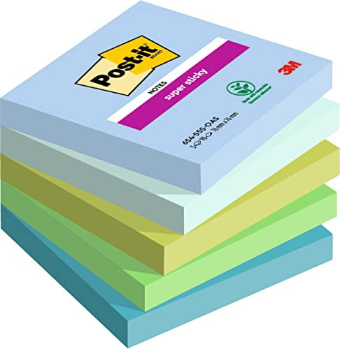 Post-it Super Sticky Notes Oasis Collection, Packung mit 5 Blöcken, 90 Blatt pro Block, 76 mm x 76 mm, Blau, Grün - Extra-stark klebende Notizzettel für Notizen, To-Do-Listen und Erinnerungen