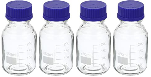 PATIKIL 250mL Reagent Media Bottle, 4Pcs Round Graduated Glass Storage Bottle Blue Screw Cap for Chemistry Lab Universities Home, Clear