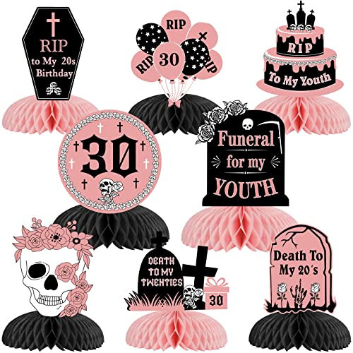 Fangleland 8 Stück Rip to My 20s Waben-Mittelstücke, Roségold, 30 Party-Dekorationen für Frauen, Beerdigung, Gothic, 3D-Tisch-Partyzubehör