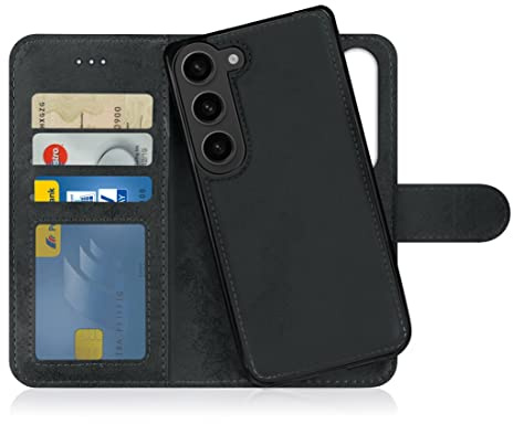 MyGadget Flip-fodral till Samsung Galaxy S23 - [avtagbart magnetfodral] - mobilfodral av konstläder - [flipfodral med kortplats] skyddsfodral i grått svart