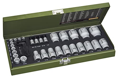 Proxxon Spezial-Steckschlüsselsatz für zöllige Schrauben (36-teilig, für 1/4 (6,3 mm) - und 1/2 (12,5 mm) Antriebe, im Stahlkasten) 23114