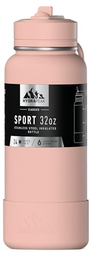 Hydrapeak 32oz Sport Insulated Water Bottle with Straw or Chug Lid, Leak & Spill Proof, Keeps Drinks Cold for 24 Hours, Hot for 12 Hours, Premium Stainless Steel Water Bottles (32oz, Peony)