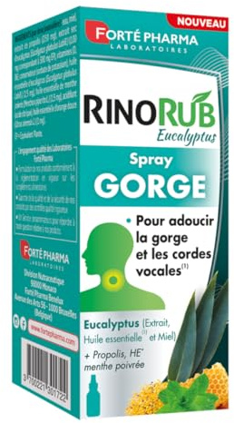 Forté Pharma - RinoRub Spray Gorge| Complément alimentaire Gorge - Maux de gorge, Gorge irritée, Cordes vocales | Huile essentielle d'Eucalyptus, Sureau, Vitamine D, Vitamine B6 | Spray 15ml