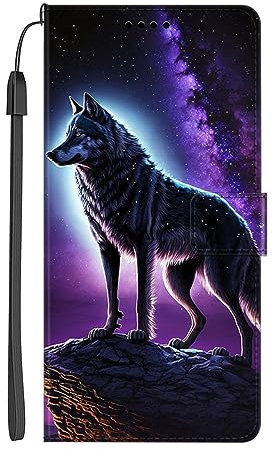 EuoDuo Kompatibel mit Samsung Galaxy S9 Hülle zum Klappen Handyhülle PU Leder Handytasche mit Blume Motiv Magnet Kartenfach Tasche Flip Cover Etui Schutzhülle - Galaxie Wolf