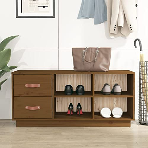 Homgoday Schuhbank Schuhschrank Schuhregal mit Stauraum Schuhaufbewahrung Sitzbank Bank mit Schuhablage Schuhtruhe für Eingang Flur Schlafzimmer Honigbraun 100x34x45 cm Massivholz Kiefer