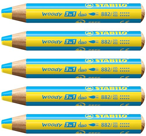 STABILO - Duo Buntstift, Wasserfarbe & Wachsmalkreide - woody 3 in 1 duo | zweifarbige Mine, 5er Pack, gelb/cyanblau