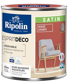 RIPOLIN - Peinture Intérieure Multi-Supports – Murs, Boiseries & Radiateurs – Ultra-Couvrante – Lessivable – Application Facile – Ecolabel - Satin - 0,5L - Rouge Chianti