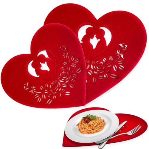 Herz Tischsets Rot für die Küche - Set 2 Tischsets in Herzform aus Filz Muttertag 2025 - Ideal Für Frühstück / Abendessen - Romantische Dekoration