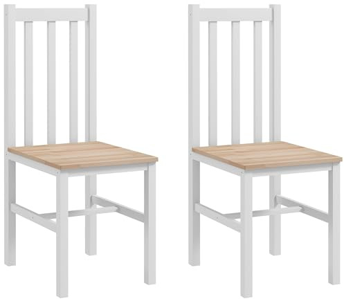 HOMCOM Juego de 2 Sillas de Comedor de Madera de Pino, Sillas de Cocina con Respaldo Alto de Listones, para Comedor, Salón, Blanco y Natural