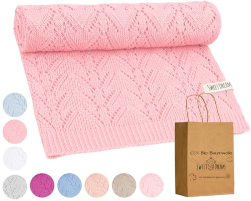 Mikos* 100% Bio-Baumwoll Leichte Babydecke - Ajourmuster - Perfekt für Sommer & Frühling - Strickdecke für Babys, Kinder und Neugeborene Hypoallergen 80x100cm (28) (Rosa)