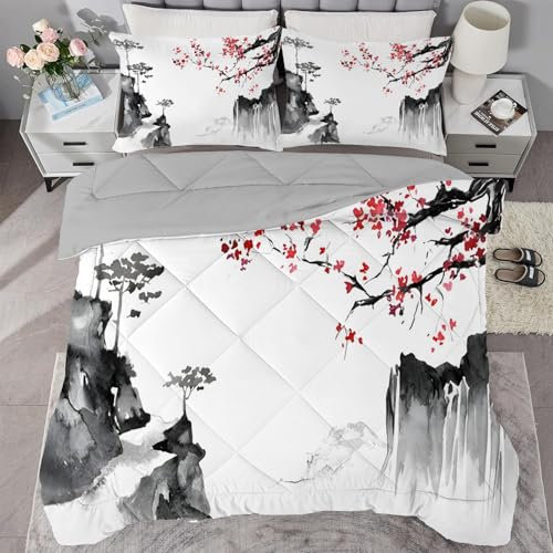 buyluhn Bettdecke 240x220 Ohne Bezug Nutzbar，4 Jahreszeiten Bettdecken Kirschblüten GroßE Steppdecke Graue Kunst Ganzjahresdecke，Waschbar Bettzeug mit 2 Kissenbezug für Sommer Winter Doppelbett