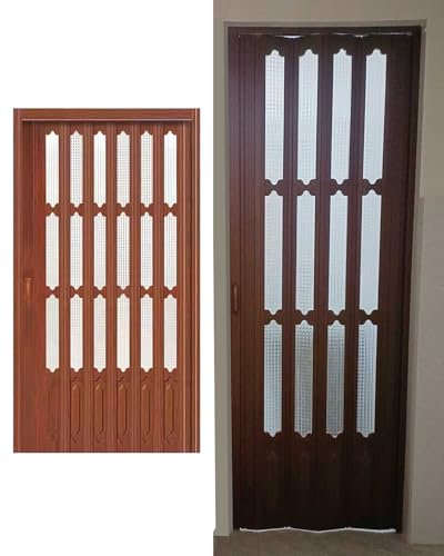 ZIMGOD Falttür Innentüren Braune PVC-Falttür mit Acrylfenstern, Innenschiebetür für Schlafzimmerschranktür, Faltgitter für Flur und Speisekammer, Raumteiler(65x80in (165x203cm))