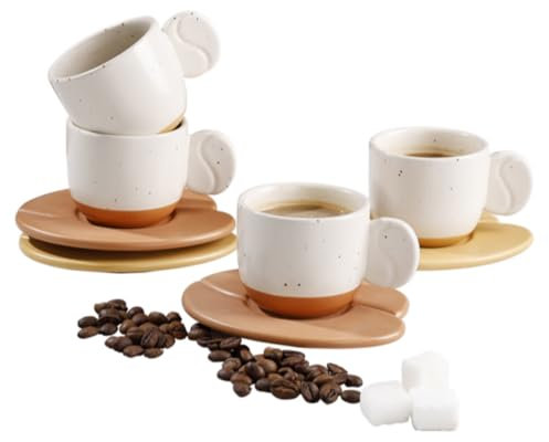 BosilunLife Mini-Espressotassen-Set mit 4 Stück – Keramisches Espresso-Set, italienische Espressotassen und Untertassen, 2,8 oz Espresso-Kaffeetasse mit Henkel, mikrowellengeeignetes Porzellan
