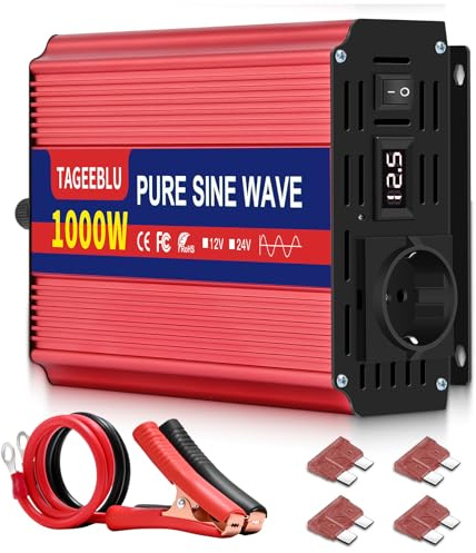 TAGEEBLU 1000W convertisseur 12v 220v Pur Sinus, transformateur 12v 220v avec écran LCD, 1 Prises UE