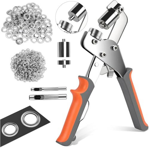Set de Pince à Œillets Professionnelle - Pince à Oeillet et Tête Interchangeable avec 400 Œillets Inclus (200pcs Ø6mm & 200pcs Ø10mm), Ensemble de Perforateur pour Tissus et Bâches