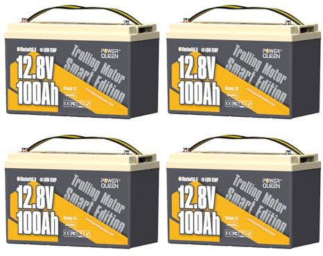 Power Queen 12V 100Ah Lithium Batterie Bluetooth 5.0, Deep Cycle LiFePO4 Batterie Max. Ausgangsleistung 1280W, 100A BMS, Niedertemperatur-Abschaltschutz für Wohnmobil, Trolling-Motoren, Boot 4 Pack