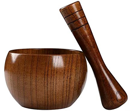 FAJNUZI2024 Mörser & Stößel Mörser- und Stößel-Set aus Holz, runde Mahlschüssel aus Holz mit hellem Aussehen for Guacamole, Salsa, Kräuterzerkleinerer und Pille, 4,7 Zoll Mörser mit Stößel Set