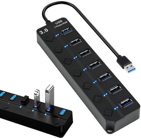 7-Port USB 3.0 Hub With Individual Switches & Lights - High-Speed Data Extension Splitter With Extended Cable for PC, Laptop and More