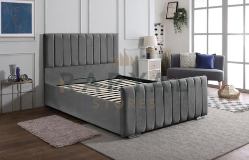 Rapyal Velvet Upholstered Panel Bedframe with Optional Ottoman Storage – Modern Design, Multiple Sizes & Colours (Grey, Double)