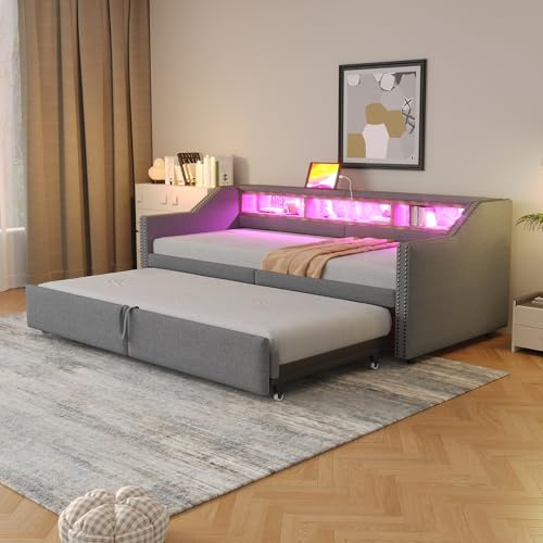 Polsterbett Ausziehbares Bett 90/180x200, Tagesbett Schlafsofa mit LED Licht&USB-Buchse&Staufach, Einzelbett Doppelbett Funktionsbett Bettgestell mit Lattenrost, Leinen, Ohne Matratze, Hellgrau