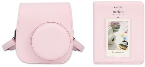 Frankmate Kamera Tasche Kompatibel mit Fujifilm Instax Mini 12 11 9 8, PU Leder tragbare Tasche mit 64 Taschen Fotoalbum und Verstellbarem Schultergurt (Blütenrosa)