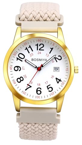 JewelryWe Damenuhr Herrenuhr Geflochten Elastisch Kalender Analog Quarz Armbanduhr Damen Herren Gewebt Stretcharmband Senioren Uhr mit Stoffarmband & 12/24 Stunden Großen Zahlen Zifferblatt