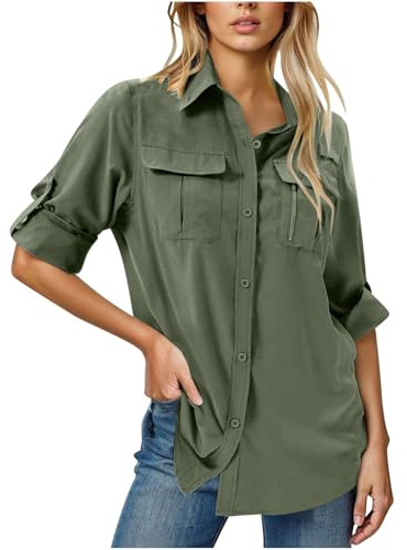Chemise safari pour femme UPF 50 protection UV contre le soleil - Séchage rapide - Manches longues - Randonnée, marche, pêche - Chemises de plein air à manches longues pour la pêche, la randonnée, le