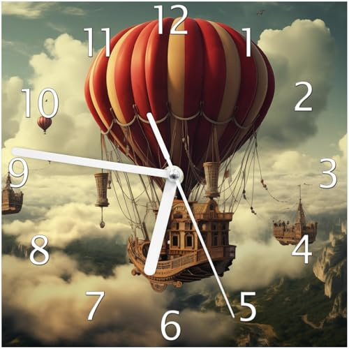 Wallario Design-Wanduhr Schiffe über den Wolken aus Glas, Motiv-Uhr Größe 20 x 20 cm, weiße Zeiger
