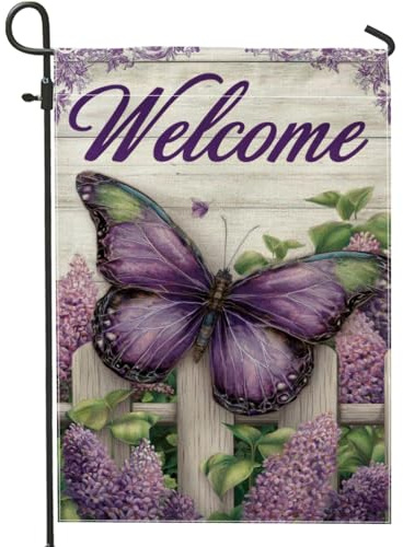 Drapeau de jardin papillon violet, panneau de bienvenue avec fleurs lilas, décoration extérieure double face pour pelouse pour printemps et été, décoration d'intérieur, 30,5 x 45,7 cm