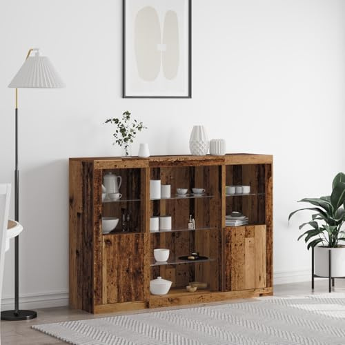 WRJENFSC Buffet 143 x 37 x 100 cm en bois recyclé marron avec éclairage LED et portes coulissantes pour salle à manger, cuisine et salon, style maison de campagne industrielle