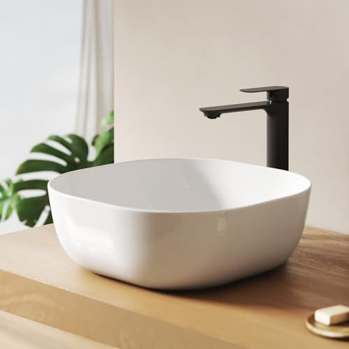 EMKE Lavabo Ovale da Appoggio 41,5 × 41,5 × 14,5 cm – Lavabo in Ceramica Bianco Lucido, Resistente ai Graffi, Facile da Installare e Pulire, Vasca per Bagno e WC Ospiti