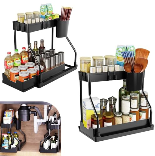 2Pcs Organizador Bajo Fregadero con Cestas Deslizantes y Ganchos, Organizadores Debajo Fregadero Cocina Forma de L 2 Niveles, Estanterias Almacenaje Productos Limpieza Extraíble Negro para Baño Hogar