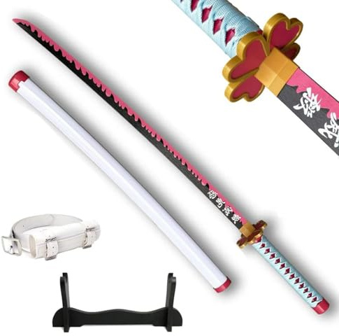 Wah Shing Yuen Dämonenschwert aus Katana-Holz (Kanroji Mi), Set mit Gürtel und Ständer, 102 cm, rosa-schwarzes Bambus-Samurai-Schwert (stumpf) – Waffe für Anime-Cosplay-Kostüme