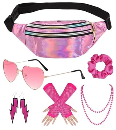 TAKONE 80 90 Jahre Outfit Damen 6tlg Retro Set Pink | 6-teiliges Retro Set; 80 90 Jahre Outfit Damen; Bauchtasche; Netz-Handschuhe; pink