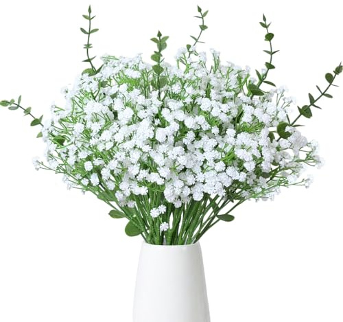 PNANLYA 10 Stück Weißes Künstliches Schleierkraut (42 cm) mit 6 Stück Eukalyptus Zweigen (38 cm), Realistische Kunstblumen wie echt, Deko Blumen für Hochzeit, Party, Home & Tischdekoration