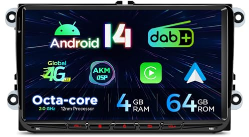 XTRONS 9 Android 14 4+64GB Autoradio mit DAB+ für VW Skoda SEAT Octa Core | IPS HD Bildschirm Eingebautes 4G LTE DAB+ Dualband WLAN GPS Bluetooth 5.0 Car Play Android Auto AKM DSP Optional OBD DVR TPMS