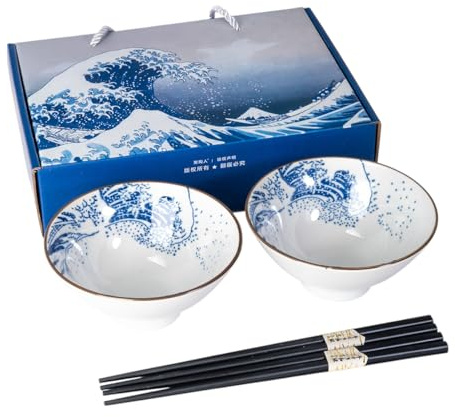 Hinomaru Collection Great Wave off Kanagawa Ramen Bowl Set - 2 Ceramic Bowls with Chopsticks, Hokusai Japanese Art Design, Gift Boxed for Ramen, Rice, Soup, Udon