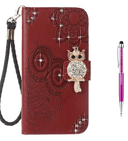 Grandoin iPhone X Hülle, Bling Süße Eule Strass PU Leder Tasche Flipcase Handyhülle Bumper Brieftasche Schutzhülle Handyhülle im Brieftasche-Stil für Apple iPhone X 5.8 Zoll (Rot)
