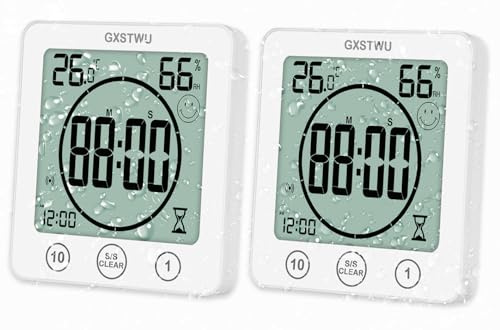 GXSTWU 2Pcs Digital Shower Clock, Bathroom Timer Clock, Waterproof for Water Spray, Count Up Count Down Alarm, Touch Screen Timer, Temperature Humidity, Wall Clock Magnet, Suction Cup, Stand (2packs)