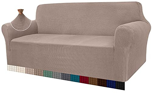 Granbest High Stretch Sofa Covers 3 Seater Super Soft Stylish Couch Covers for Dogs Pets Cats Jacquard Spandex Non Slip Sofa Slipcover for Living Room Furniture Protector (3 Seater, Sand)